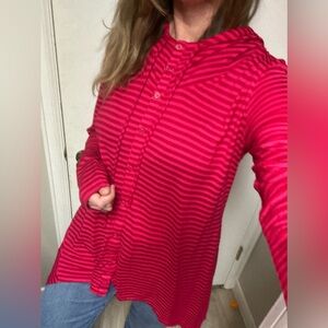 Soft Surroundings pink striped button up hoodie L/XL